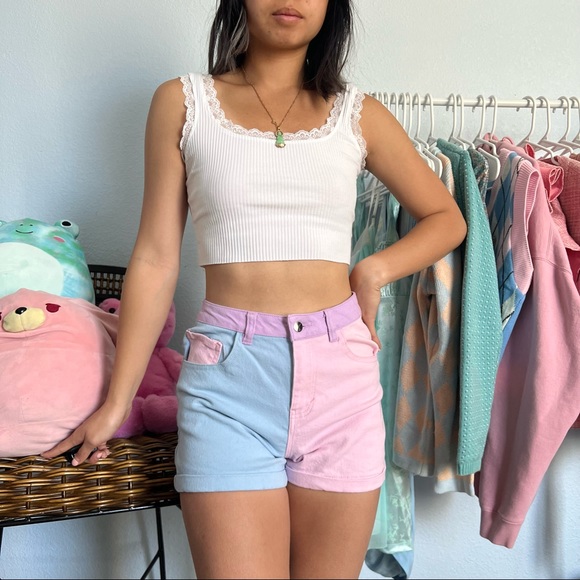 Care Bears x Dolls Kill colorblock denim shorts - Picture 2 of 4